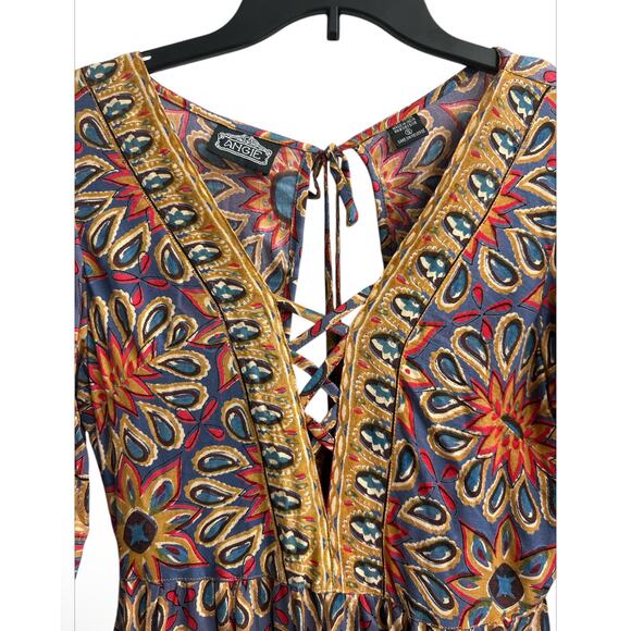 ANGIE Blossom Bell Sleeves Boho Floral Laced Up Women’s Mini Dress Size Small - Picture 2 of 7